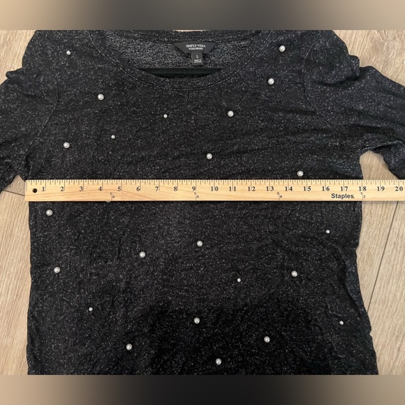 Simply Vera Small SOFT gray/Black heathered Top Pearl Details flare sleeves - Picture 9 of 9
